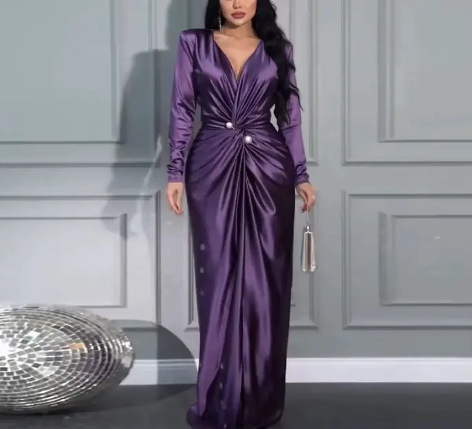 Robe de soirée légère et mature, nouveau style, col en v, à la mode, élégante, taille plissée, manches longues