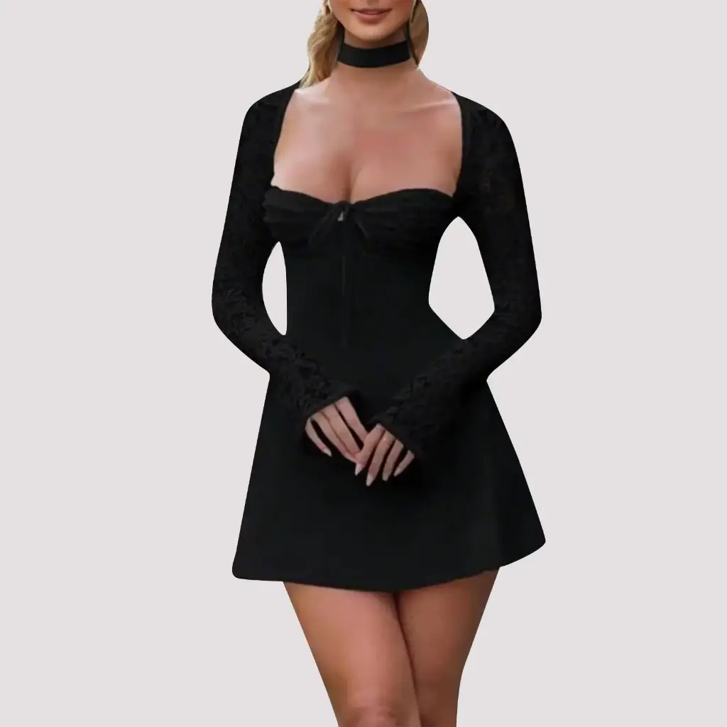 Mini robe blanche en dentelle à manches longues pour femmes, tunique élégante, coupe basse au dos, tenue de soirée