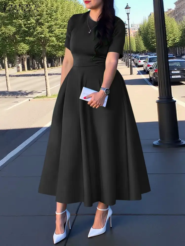 ZANZEA femmes Satin soie Robe mi-longue a-ligne fête été robes 2025, Robe décontracté solide à manches courtes  (Noir, S)