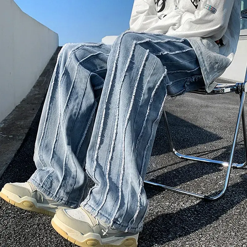 Jean Baggy Rayé pour Homme, Pantalon en Denim Droit Bleu Lavé (S)