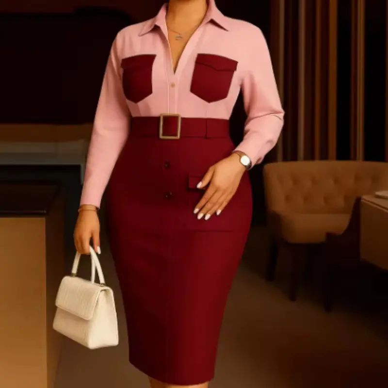 Nouvelle robe faux deux pièces à revers à la mode, robe mi-longue élégante à taille cintrée pour tenue d'affaires