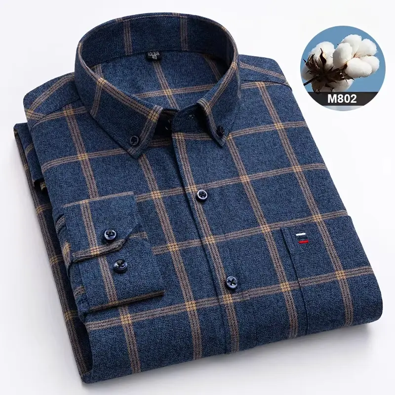 Chemise à manches longues pour hommes, 100% coton, coupe cintrée, unie, rayée, à carreaux
