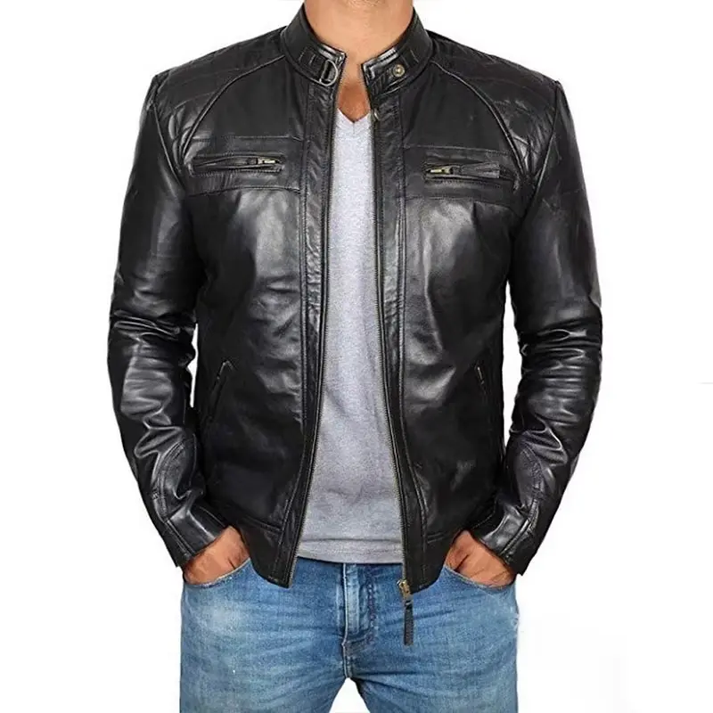 Veste en cuir, col montant, veste en cuir marron, Chaqueta De Los Hombres (Noir, M)