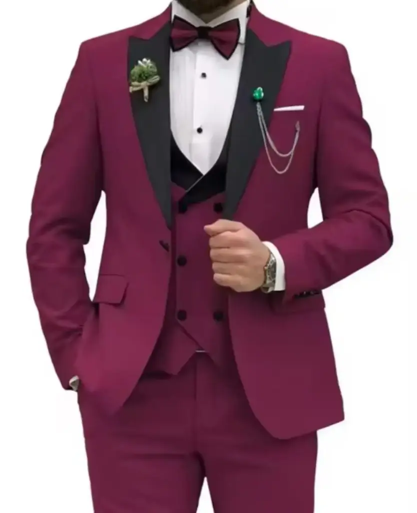 Veste Manteau de Luxe de haute qualité, Costume Pour Hommes, Coupe Slim 3 pcs (Rouge bordeaux, S)