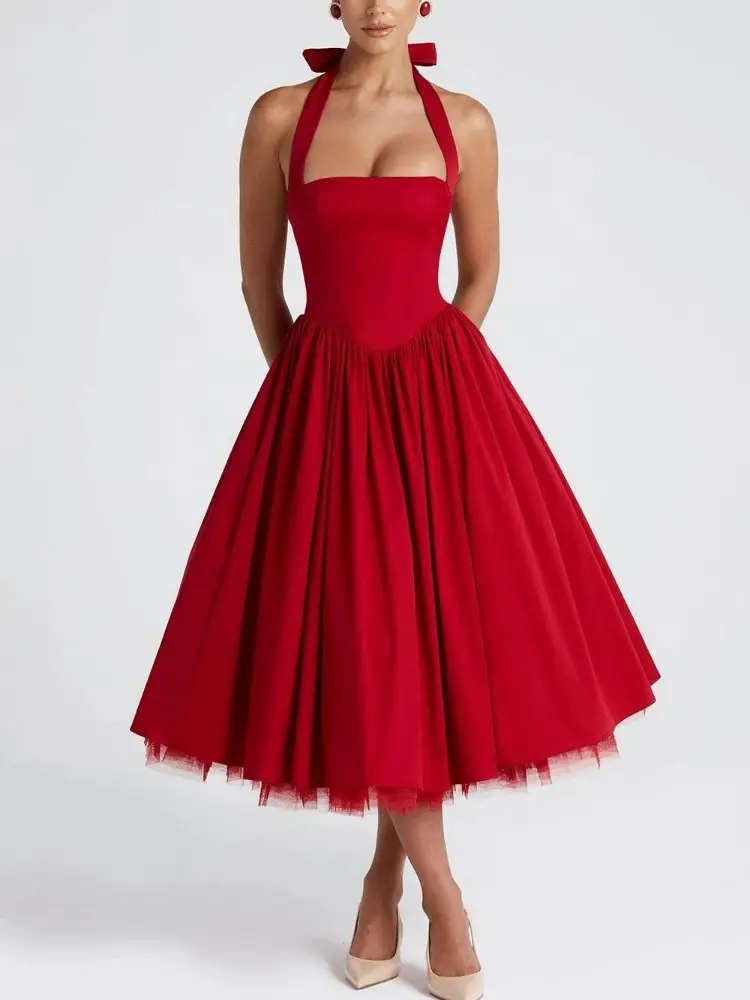 Robe mi-Longue Bouffante en Maille, élégante, Couleur Unie