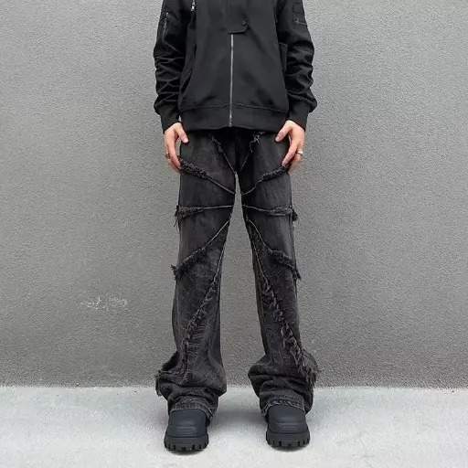 Jean Baggy Empilé Noir Délavé pour Homme