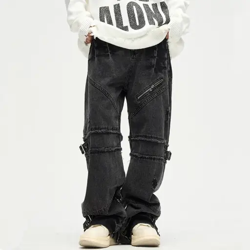 Baggy Y2K Streetwear Noir Déchiré, Empilé Jean Cargo