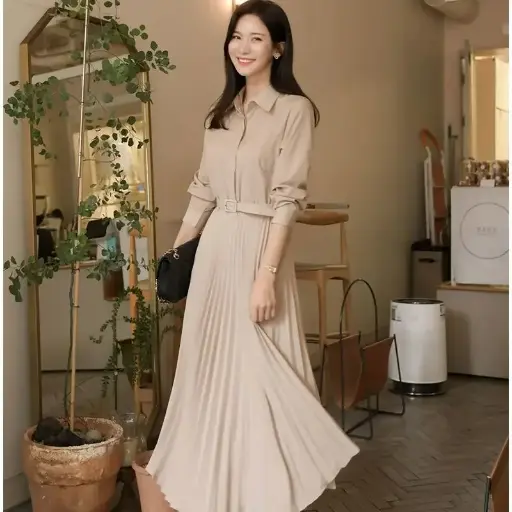 Robe Chemise Mi-Longue à Manches Longues pour Femmes