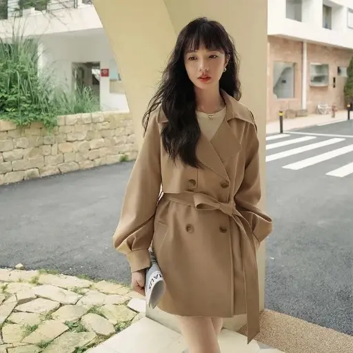 Trench-Coat Court Fin, Noir, Kaki avec Ceinture, Revers Décontracté