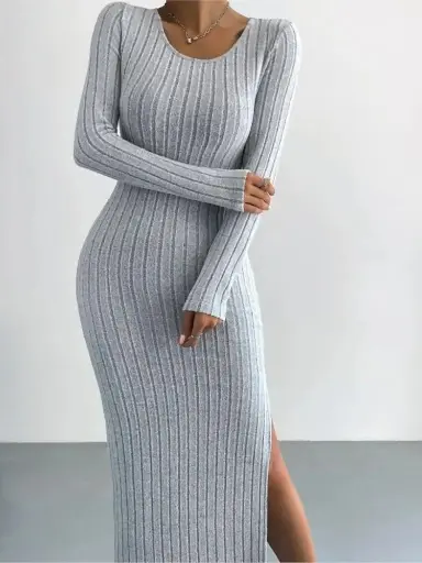 Robe Longue Tricotée à Manches Longues et Col Rond pour Femme