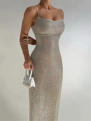 Robe Longue à Bretelles Spaghetti à Sequins pour Femmes