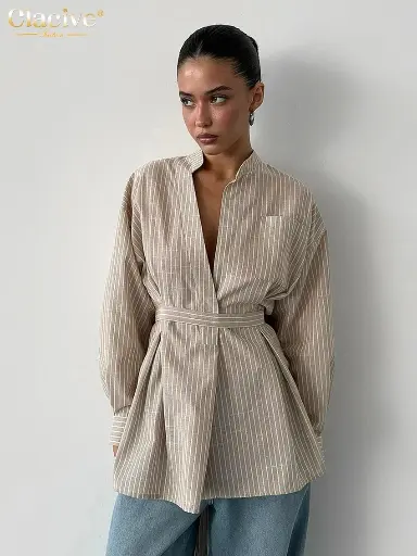 Clacive Vintage Ample Marron Rayure Femmes