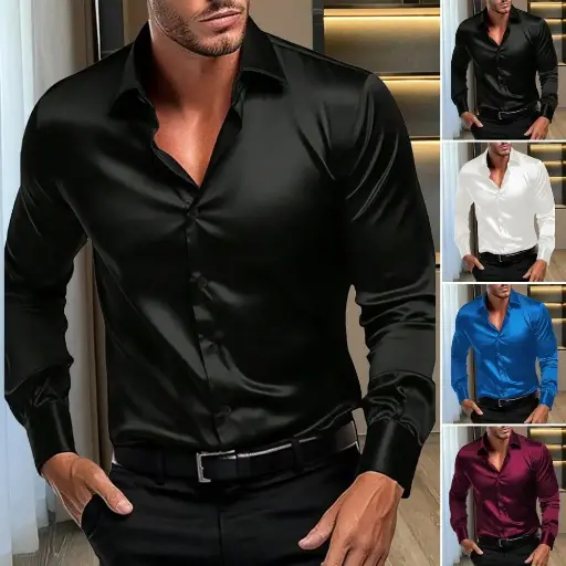 Chemise à Manches Longues pour Hommes, Couleur Unique, Décontractée, Soie Glacée