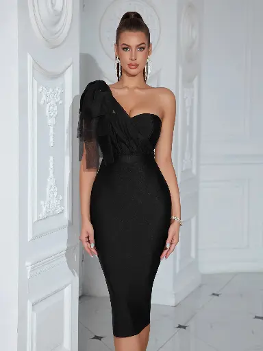 Robe de Bal à Bandes Formelle pour Femmes, avec Nœud Noir