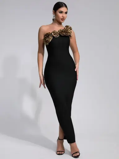 Robe Bandage Longue Noire à Fleurs pour Femmes