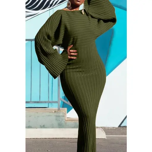 Robe Longue à Manches Longues et Col Rond pour Femmes