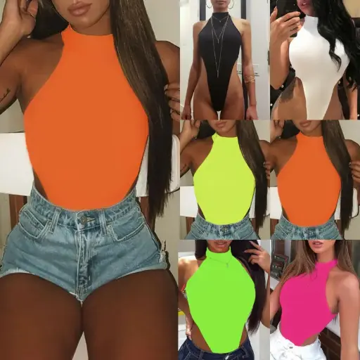 Body Sexy pour femmes, col licou, coupe haute, moulant, justaucorps, mode d'été, couleur unie, sans manches, hauts à bascule, 2021